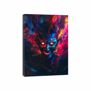 Neon demon face canvas art with glowing eyes and abstract graffiti energy for bold studio wall decor.