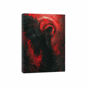 Dark angel canvas art with black wings and crimson ornate background for moody bedroom wall decor.