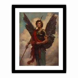 Classical winged angel warrior canvas with spear and red sash for elegant office or living room decor.