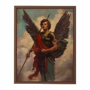 Classical winged angel warrior canvas with spear and red sash for elegant office or living room decor.