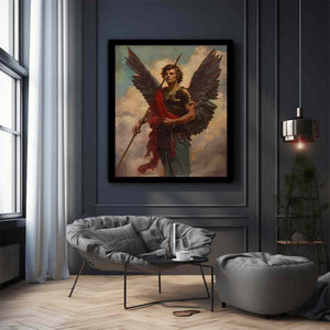 Classical winged angel warrior canvas with spear and red sash for elegant office or living room decor.