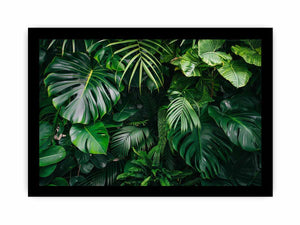 Tropical leaf photography canvas with monstera and palm foliage for fresh biophilic living room decor.