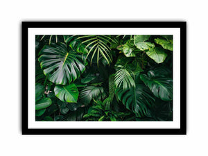 Tropical leaf photography canvas with monstera and palm foliage for fresh biophilic living room decor.