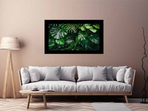 Tropical leaf photography canvas with monstera and palm foliage for fresh biophilic living room decor.