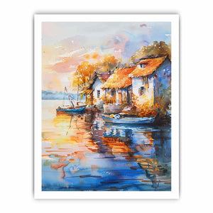 Watercolor harbor village canvas art with boats, reflections, and warm roofs for Mediterranean wall decor.