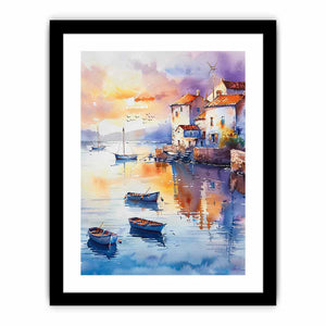 Watercolor coastal village canvas with boats, terracotta roofs, and sunset reflections for serene wall decor.