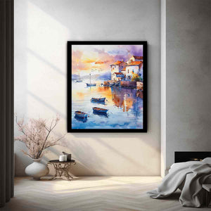 Watercolor coastal village canvas with boats, terracotta roofs, and sunset reflections for serene wall decor.