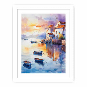 Watercolor coastal village canvas with boats, terracotta roofs, and sunset reflections for serene wall decor.