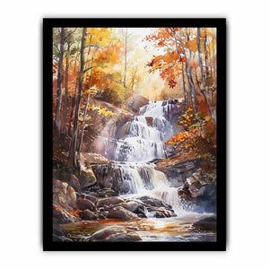 Autumn forest waterfall watercolor canvas art for peaceful living room decor.