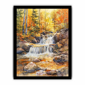 Golden woodland waterfall watercolor canvas print for cozy home decor.