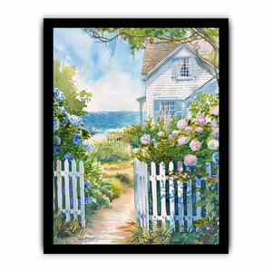 Coastal cottage garden watercolor canvas art with hydrangeas for beach house decor.