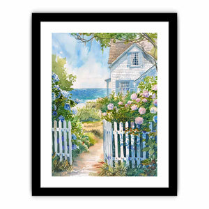 Coastal cottage garden watercolor canvas art with hydrangeas for beach house decor.