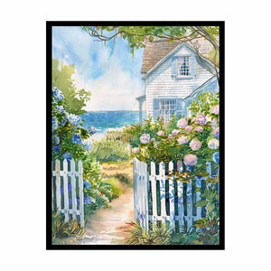 Coastal cottage garden watercolor canvas art with hydrangeas for beach house decor.