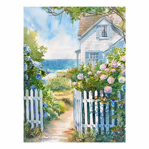 Coastal cottage garden watercolor canvas art with hydrangeas for beach house decor.