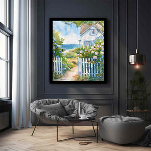 Coastal cottage garden watercolor canvas art with hydrangeas for beach house decor.