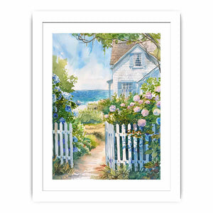 Coastal cottage garden watercolor canvas art with hydrangeas for beach house decor.