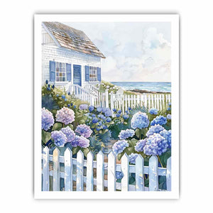 Seaside cottage hydrangea watercolor canvas art for coastal bedroom decor.