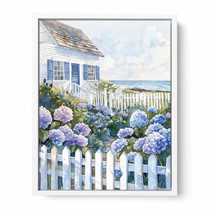 Seaside cottage hydrangea watercolor canvas art for coastal bedroom decor.