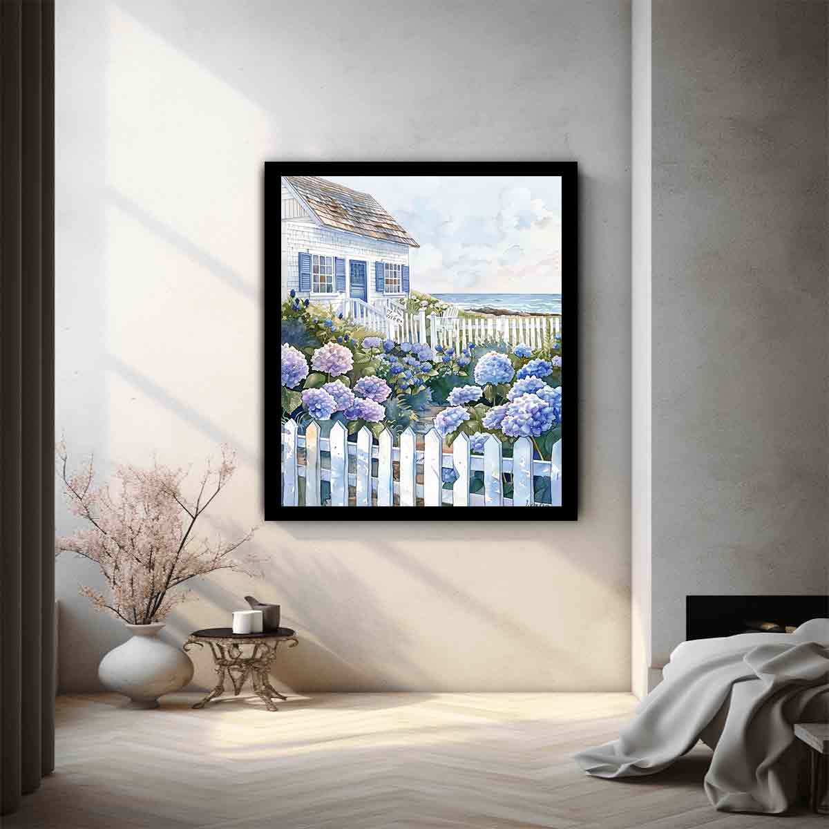 Seaside cottage hydrangea watercolor canvas art for coastal bedroom decor.