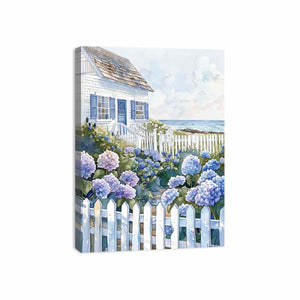 Seaside cottage hydrangea watercolor canvas art for coastal bedroom decor.