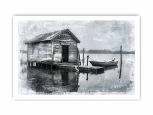 Black and white boat house photography wall art for rustic office decor.