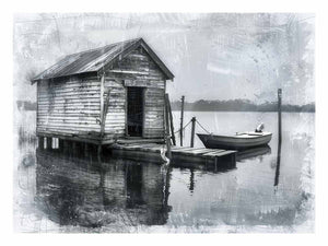 Black and white boat house photography wall art for rustic office decor.