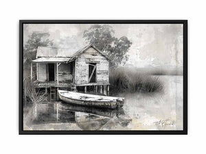 Black and white marsh boat house canvas art for rustic living room decor.