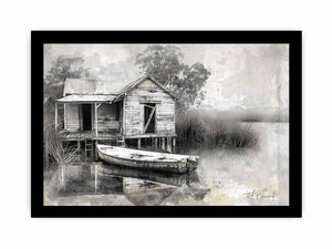 Black and white marsh boat house canvas art for rustic living room decor.