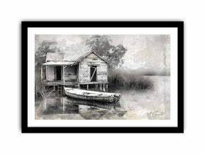Black and white marsh boat house canvas art for rustic living room decor.