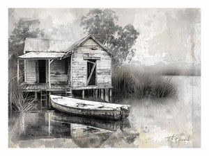 Black and white marsh boat house canvas art for rustic living room decor.