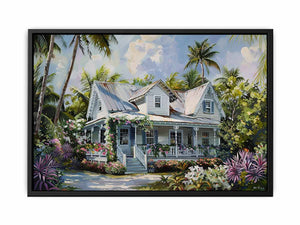 Tropical white cottage canvas art with palms and flowers for coastal living room decor.