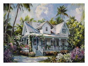 Tropical white cottage canvas art with palms and flowers for coastal living room decor.