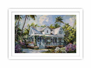 Tropical white cottage canvas art with palms and flowers for coastal living room decor.