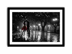 Black and white romantic rain dance canvas art with red dress for modern bedroom decor.