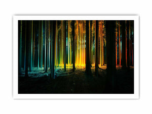 Neon forest canvas art with glowing teal and gold trees for modern office decor.