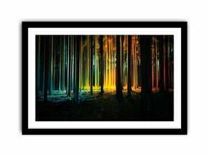 Neon forest canvas art with glowing teal and gold trees for modern office decor.