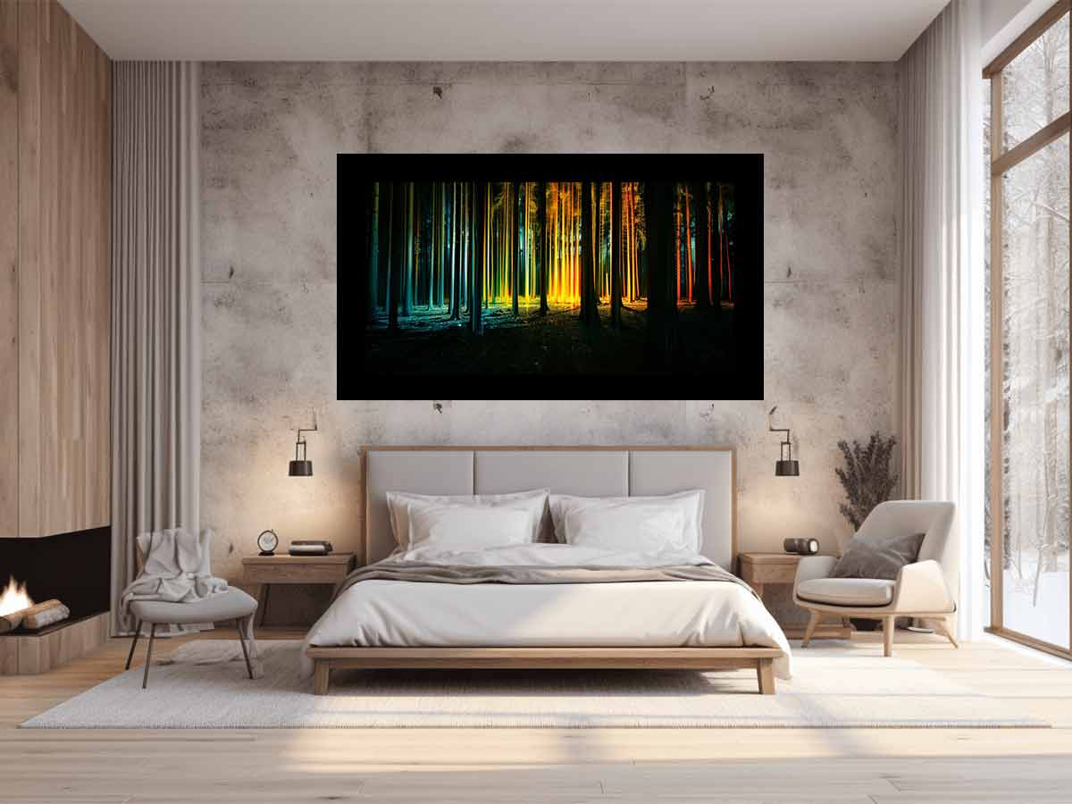 Neon forest canvas art with glowing teal and gold trees for modern office decor.