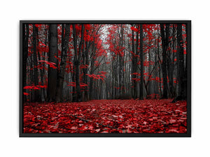 Red forest path canvas art with black trees for dramatic hallway wall decor.