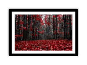 Red forest path canvas art with black trees for dramatic hallway wall decor.