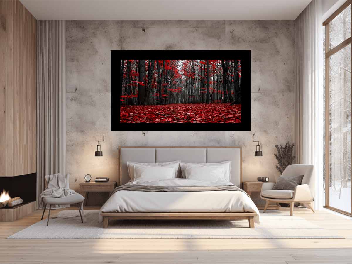 Red forest path canvas art with black trees for dramatic hallway wall decor.