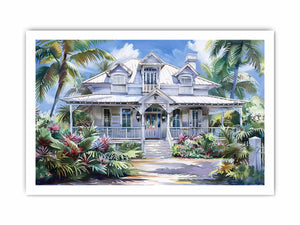 White coastal house canvas art with palm trees for bright Hamptons living room decor.