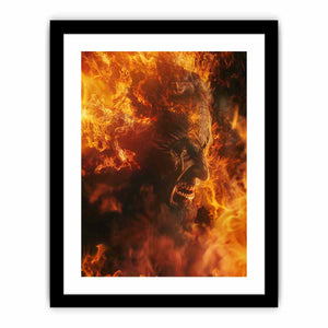 Fiery fantasy portrait canvas art with orange flames for dramatic game room decor.