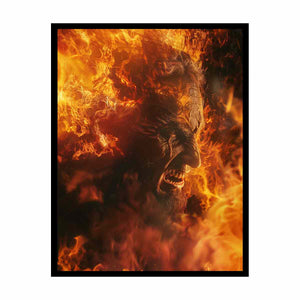 Fiery fantasy portrait canvas art with orange flames for dramatic game room decor.