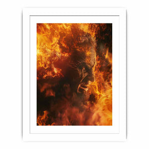 Fiery fantasy portrait canvas art with orange flames for dramatic game room decor.