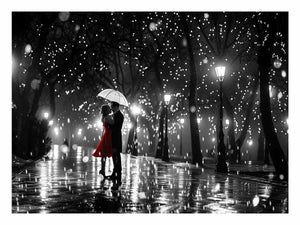 Romantic couple under umbrella canvas art with red dress for bedroom wall decor.