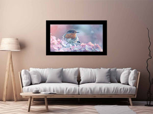 Pastel robin canvas art with pink flowers for soft cottagecore bedroom decor.