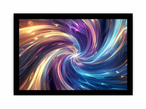 Colorful abstract vortex canvas art with blue and gold light for modern office decor.