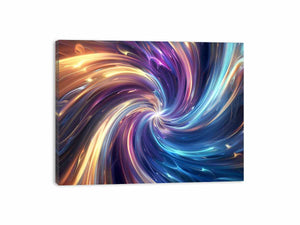 Colorful abstract vortex canvas art with blue and gold light for modern office decor.