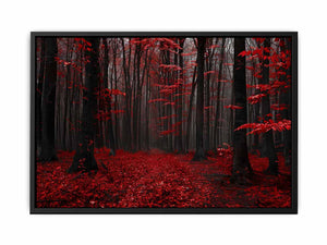 Dark forest canvas art with red leaves and mist for modern living room decor.