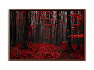 Dark forest canvas art with red leaves and mist for modern living room decor.